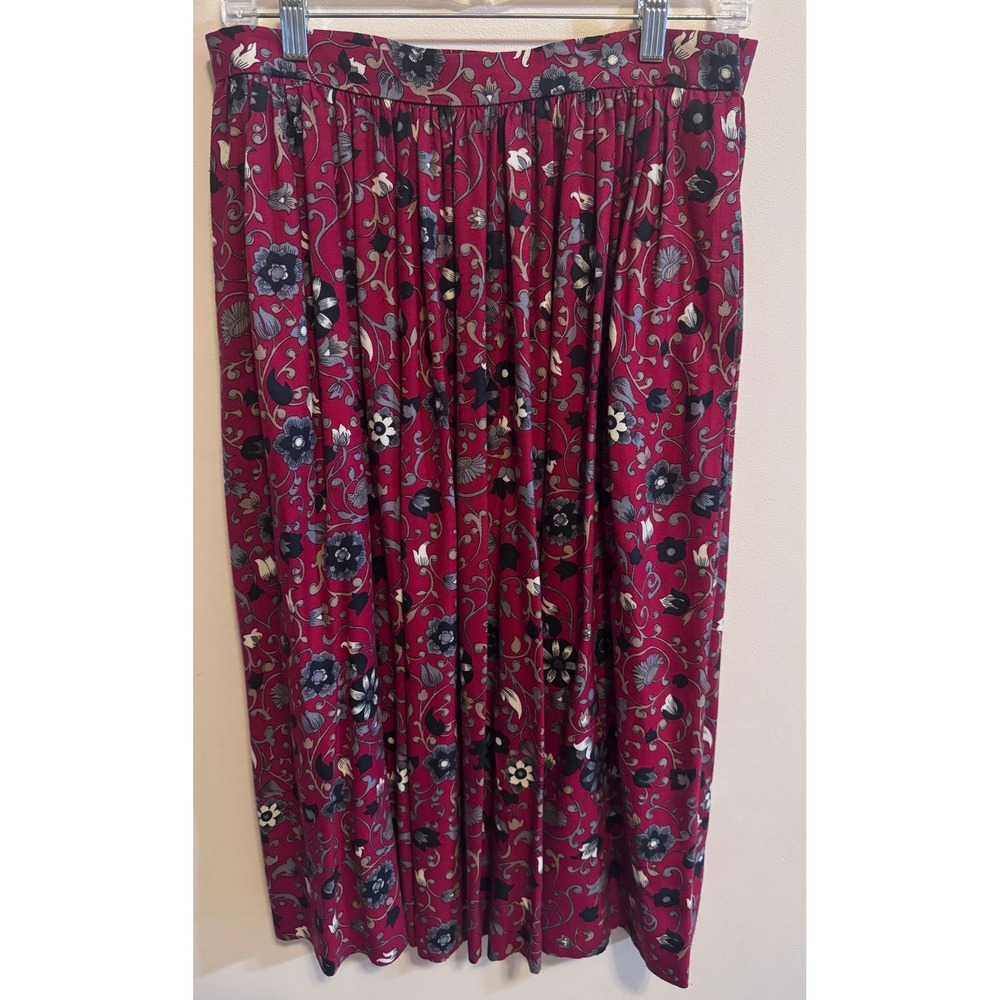 Vintage David Brooks Ltd Floral Midi Skirt Red Navy Pleated Made in USA Size 14